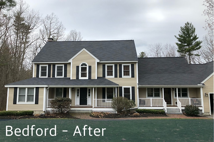 Bedford tan home with black shutters project after