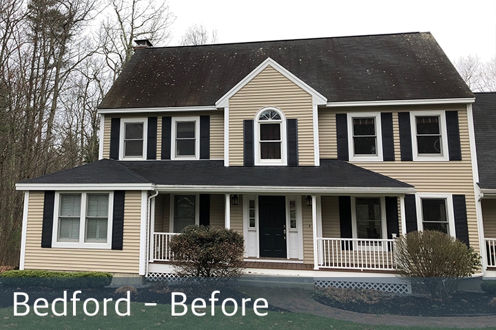 Bedford tan home with black shutters project before